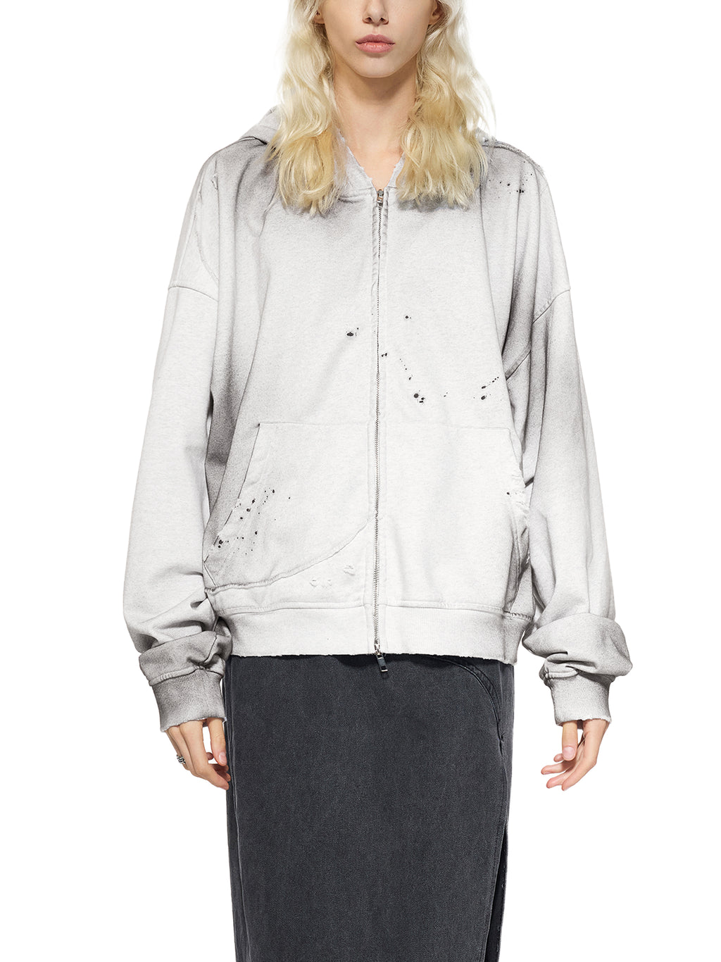 Sun Fade Frayed Raw Edge Fleece Zip Hoodie